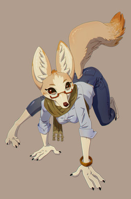 3_toes all_fours anthro bangle barefoot bottomwear breasts brown_body brown_fur claws clothing collared_shirt denim denim_bottomwear denim_clothing dress_shirt ear_tuft eyewear feet female finger_claws fluffy fluffy_tail fur glasses jeans jewelry long_sleeve_shirt long_tail pants paws pointy_ears red_eyes scarf shirt simple_background snout solo spread_toes tail toe_claws toes topwear tuft wearing_glasses white_body white_fur ruffu unnamed_character canid canine fennec_fox fox mammal true_fox digital_drawing_(artwork) digital_media_(artwork)