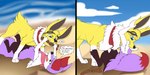 2019 2:1 3_fingers 3_toes absurd_res all_fours anthro beach betrayal blue_eyes braixen dialogue duo eeveelution english_text eyewear eyewear_on_head fangs feet female feral fingers fur generation_1_pokemon generation_6_pokemon goggles goggles_on_head hi_res jolteon male nintendo open_mouth oral_vore partially_inside pokemon pokemon_(species) purple_body purple_fur red_eyes sand scarf sea seaside shikaro shiny_pokemon shrike_alvaron simple_background sitting soft_vore speech_bubble stick struggling teeth text toes vore water white_body white_fur yellow_body