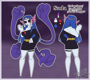 accessory anthro attitude bandage_hair big_breasts blue_hair breasts claws clothing color_swatch disgusted_expression extra_limbs eyeshadow female frowning_at_viewer gold_belt gold_buckle hair headband jewelry legband long_hair makeup markings pink_markings purple_arms purple_background purple_clothing red_eyes sada_(nickzilla) shadowy_appendages sharp_teeth simple_background solo teeth thick_thighs white_body diidiidoodles nintendo pokemon cofagrigus gardevoir generation_3_pokemon generation_5_pokemon ghost humanoid pokemon_(species) shiny_pokemon spirit silver hi_res model_sheet