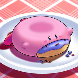 ambiguous_gender dessert doughnut eating eating_food food micro not_furry open_mouth pastry pink_body solo visual_gag discount-supervillain kirby_(series) nintendo kirby 1:1 digital_media_(artwork)