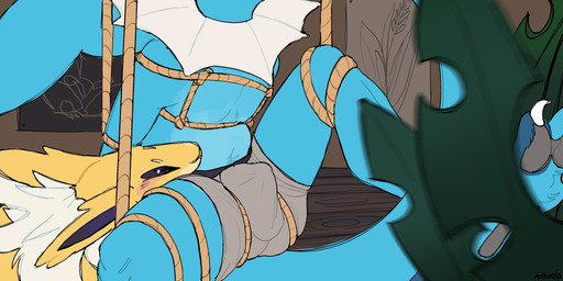 ambiguous_gender bdsm bondage bound clothing duo erection legwear male male/ambiguous plant restraints rope rope_bondage rope_harness suspension thigh_highs mothaala nintendo pokemon lazyzim_(mothaala) vodka_(mothaala) eeveelution generation_1_pokemon jolteon pokemon_(species) vaporeon absurd_res hi_res brother_(lore) brothers_(lore) incest_(lore) sibling_(lore)