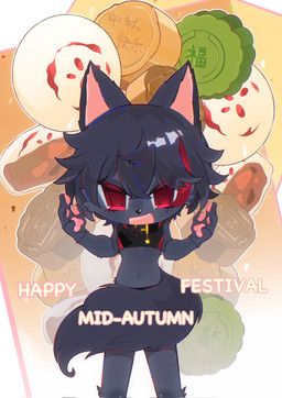 4_fingers anthro black_bottomwear black_clothing black_collar black_nose black_shirt black_shorts black_topwear bottomwear chibi clothing collar crop_top fingers fluffy fluffy_tail front_view fur grey_body grey_fur grey_hair hair looking_at_viewer male open_mouth pawpads pink_inner_ear pink_pawpads pupils raised_hands red_bottomwear red_clothing red_eyes red_hair red_pupils red_shirt red_shorts red_topwear shirt shorts smile solo tail tail_around_self tail_around_waist text topwear eat_melon_seeds lucius_merryweather canid canine canis domestic_dog mammal english_text hi_res japanese_text