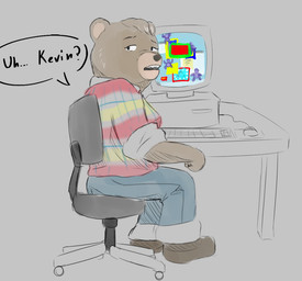 anthro brown_body brown_fur chair computer computer_mouse dialogue electronics fangs female fur furniture grey_background grey_body grey_fur keyboard looking_back mouse_pad office_chair open_mouth pop-up_ads simple_background solo speech_bubble swivel_chair table teeth text amomw beneath_the_trees_where_nobody_sees bonzi_buddy samantha_strong bear mammal 2025 english_text