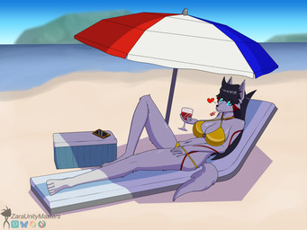 alcohol beach beach_umbrella beverage big_breasts bikini bikini_bottom bikini_top black_hair blue_eyes breasts chair clothed clothing codescanner container cup drinking_glass female furniture glass glass_container glass_cup gold_bikini hair hand_in_bikini_bottom heart_symbol long_hair looking_at_viewer lounge_chair lying markings on_back outside painted_background parasol raised_leg red_markings relaxing shadow smile smiling_at_viewer solo swimwear tail two-piece_swimsuit umbrella water wide_hips wine wine_glass zaraunitymasters chaotic golden_week zara_(zaraunitymasters) 4:3 cel_shading hi_res shaded