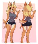 5_fingers anthro big_breasts black_nose blonde_hair bottomwear breasts butt clothing digitigrade feet female fingers hair horn looking_at_viewer open_mouth shirt shorts simple_background smile solo standing tail tank_top topwear borvar tori_yiffany canid mammal 2023 digital_media_(artwork) hi_res