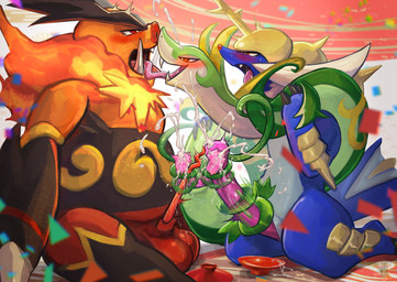anthro anthro_on_feral balls bestiality biped blush bodily_fluids claws countershade_torso countershading cum cumshot ejaculation erection feral fingers fire genital_fluids genitals group kneeling male male/male male_on_anthro male_on_feral nude nude_anthro nude_male penis smile tail teeth tongue trio tenebscuro nintendo pokemon emboar generation_5_pokemon pokemon_(species) samurott serperior 2024 digital_drawing_(artwork) digital_media_(artwork) hi_res