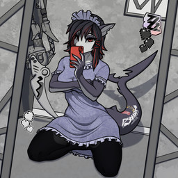 anthro biped black_hair cellphone clothed clothed_anthro clothed_female clothing cosplay dress electronics eyelashes female female_anthro hair highlights_(coloring) kneeling legwear looking_at_viewer maid_headdress mirror mirror_selfie multicolored_body phone pose red_eyes scar selfie shark_tail smartphone solo stockings three-quarter_view diskeit mihoyo zenless_zone_zero aquatic fish shark thiren 1:1 2024 cel_shading digital_drawing_(artwork) digital_media_(artwork) full-length_portrait portrait shaded