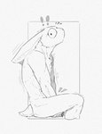 anthro biped cotton_tail covering covering_crotch covering_self ears_down embarrassed exclamation_point fur geometric_background iconography long_ears male male_anthro nude nude_anthro nude_male paper_background pivoted_ears side_view simple_background sitting solo wide_eyed resrabbutt lagomorph leporid mammal rabbit black_and_white digital_media_(artwork) hi_res monochrome portrait three-quarter_portrait