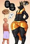 anthro biped black_body black_fur bodily_fluids bulge clothed clothing dialogue duo eyelashes fur huge_hips larger_anthro larger_male male male_anthro male_human navel pupils simple_background size_difference smaller_human smaller_male speech_bubble sweat text thick_thighs unsigned wide_hips saltyxodium egyptian_mythology middle_eastern_mythology mythology anubis canid canine deity human mammal 2023 absurd_res english_text hi_res