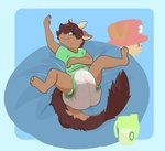 anthro arm_on_chest big_diaper brown_body brown_fur brown_hair clean_diaper clothed clothing diaper fur furniture green_clothing green_eyes green_shirt green_topwear hair head_tilt horn legs_up looking_at_viewer lying male on_back on_sofa pantsless pillow shirt sippy_cup sitting sitting_on_sofa smile sofa solo spread_legs spreading tail_mane topwear wearing_diaper wetness_indicator young padded_panda mythology one_piece starbucks tony_tony_chopper dragon mythological_creature mythological_scalie scalie hi_res