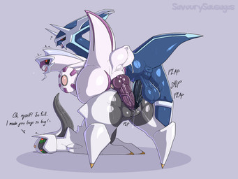 anus balls big_balls bodily_fluids bouncing_balls butt dialogue double_penetration double_vaginal dripping drooling eye_roll feral feral_on_feral genitals group group_sex knot knotted_penis looking_pleasured onomatopoeia open_mouth penetration penis puffy_anus quadruped saliva saliva_drip saliva_string sex size_difference small_dom_big_sub sound_effects text threesome vaginal vaginal_penetration conditional_dnp savourysausages nintendo pokemon arceus dialga generation_4_pokemon legendary_pokemon palkia pokemon_(species) absurd_res hi_res