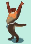 :3 anthro belly biped blue_clothing blue_jockstrap blue_underwear brown_body brown_fur bulge clothed clothing eyes_closed fur jockstrap jockstrap_only male membrane_(anatomy) navel pose raised_arms shadow slightly_chubby smile solo standing tan_body tan_fur topless underwear underwear_only webbed_hands whiskers chubby-shark gutxi_(nusko) mammal mustelid otter 2021 artist_name digital_media_(artwork)