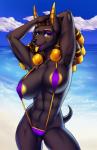2017 abs anthro anubian_jackal areola armpit_hair arms_above_head beach big_breasts bikini black_body black_fur black_nose blue_eyes body_hair breasts canid canine canis clothing digital_media_(artwork) dreadlocks female fur hands_behind_head hi_res huge_breasts jackal looking_at_viewer mammal nipples one-piece_swimsuit porin pubes raised_arm seaside shaded sling_bikini smile solo styx_(baronvonjackal) swimwear tongue tongue_out yellow_nipples yellow_tongue