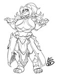 anthro armor big_breasts breasts female hair huge_breasts simple_background smile solo standing text thick_thighs lunarspy rilao_(pandarilao) ailurid mammal red_panda 2023 monochrome signature watermark widescreen