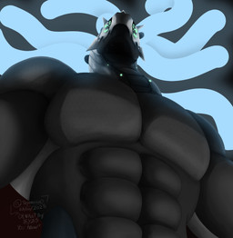 4_eyes abs anthro broad_shoulders dreadlocks glowing glowing_hair green_light hair horn lights looking_at_viewer looking_down looking_down_at_viewer looming machine male multi_eye muscular muscular_anthro muscular_male screen screen_face solo textured teymosoo nykto_orygn_euster_(teymosoo) alien kristen_(teymosoo) living_machine robot robot_anthro absurd_res hi_res