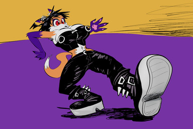 alternative_fashion anthro black_boots black_bottomwear black_clothing black_footwear black_hair black_pants black_topwear boot_soles boots bottomwear breasts cleavage clothed clothing ear_piercing eyeshadow female footwear fur goth hair head_wings industrial_piercing industrial_piercing_ladder makeup midriff orange_body orange_fur pants piercing purple_body purple_eyeshadow purple_floor purple_fur red_eyes shoe_soles shoes sky solo tail topwear tube_top unusual_wing_placement walking white_body white_fur wings yellow_sky boker keep_on_truckin' laura_derose bat-eared_fox canid canine fox mammal full-length_portrait portrait