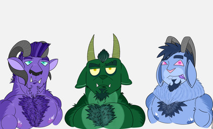 ambiguous_gender anthro beard big_arms big_muscles big_pecs blue_body blue_eyes blue_fur blue_hair facial_hair fangs feral fluffy fluffy_fur fur goatee green_body green_fur green_hair group hair holidays horizontal_pupils horn long_ears male male/male mohawk muscle_arms muscular nipples nips pecs pink_eyes pink_nose pupils purple_body purple_fur purple_hair purple_tongue snout teeth tongue trio yellow_eyes nickbravecomics christmas azur_(nickbravecomics) kephros_(nickbravecomics) krampus oros_(nickbravecomics) bovid caprine caprine_demon demon goat_demon humanoid mammal hi_res