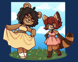 anthro blue_eyes chibi clothing cloud day dress duo eyewear female glasses grass hair outside plant red_hair smile tail tail_mouth unusual_anatomy unusual_tail yellow_clothing yellow_dress sammychasity kuma_(sammychasity) samantha_(cinnamimi) ailurid bear mammal red_panda 2025 5:4 alpha_channel digital_media_(artwork)