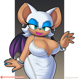 anthro bangle big_breasts bracelet breasts cleavage clothed clothing dress ear_piercing ear_ring female green_eyes jewelry looking_at_viewer piercing ring_piercing solo wide_hips wings omegasunburst sega sonic_the_hedgehog_(series) rouge_the_bat bat mammal 1:1 2022 absurd_res hi_res