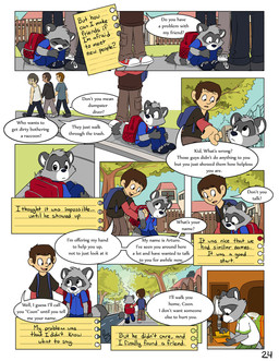 anthro bottomwear cheek_tuft clothed clothing detailed_background dialogue dipstick_tail duo eyewear facial_tuft feet_together footwear fully_clothed gloves_(marking) male markings note shoes speech_bubble tail tail_markings text tuft pandapaco art_(pandapaco) ailurid mammal procyonid raccoon comic english_text hi_res