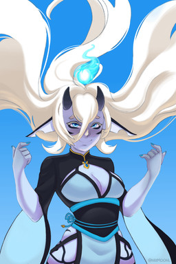 2_horns asian_clothing blue_background blue_body blue_eyes blue_skin breasts cleavage clothed clothing female female_humanoid hair horn nails simple_background smile solo white_hair wisps nixmoonl asian_mythology east_asian_mythology japanese_mythology mythology demon humanoid oni yokai 2025 2:3 absurd_res hi_res