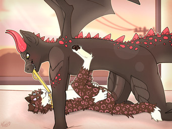 anal anthro blush duo erection from_front_position leash leash_in_mouth lying male missionary_position object_in_mouth on_back pawpads sex size_difference knillz mythology henry_boom dragon felid mammal mythological_creature mythological_scalie scalie 4:3 hi_res