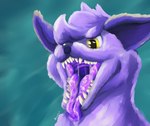 ambiguous_gender bodily_fluids feral fur hair mouth_shot open_mouth purple_body purple_fur purple_hair saliva sharp_teeth solo teeth tongue tongue_out yellow_eyes gyrotech furbooru astra_(furbooru) canid canine fox mammal absurd_res hi_res