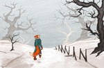 anthro big_tail blue_clothing blue_coat blue_topwear branch clothing coat ears_back fence landscape looking_aside male path pivoted_ears plant rear_view scenery snow snowing solo tail topwear tree walking the_foxitect canid canine fox mammal red_fox true_fox absurd_res digital_drawing_(artwork) digital_media_(artwork) hi_res