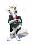 anthro biped black_nose blue_eyes breasts cleavage clock clothed clothing colored_nails feet female hair looking_down nails pose simple_background sitting solo suit tail toes watch white_background white_hair lingrimm canid canine fox mammal pinup