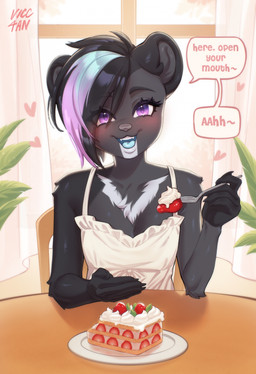 anthro blush blush_lines chest_tuft claws clothing dress eyebrows eyelashes femboy finger_claws food fur hair male multicolored_body multicolored_fur multicolored_hair offering_food pink_eyes short_ears sitting slim speech_bubble strawberry_shortcake_(food) text tuft vicc4an bjorn_(glazie) bear mammal hi_res