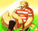 anthro belly clothing convenient_censorship kemono male outside overweight overweight_anthro overweight_male rugby rugby_ball shirt sitting solo topwear kumamikan canid canine canis domestic_dog mammal 2013 5:4 censored