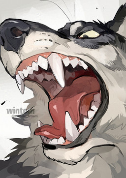 ambiguous_form ambiguous_gender angry black_lips black_nose countershade_fur countershading fur grey_body grey_fur gums lips open_mouth red_tongue solo teeth text tongue whisker_spots whiskers white_body white_fur wintom canid canine canis mammal wolf 2026 artist_name headshot_portrait portrait watermark