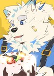 anthro bandage bandage_on_face blue_eyes bombcatpro cake canid canine canis dessert domestic_dog food fur hair hi_res lifewonders live_a_hero male mammal neck_tuft nordic_sled_dog overweight ponytail samoyed solo spitz suspenders tuft white_body white_fur yohack