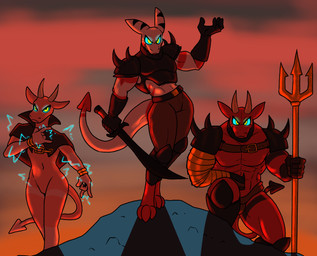 anthro armor big_muscles cape clothing electricity electricity_manipulation elemental_manipulation gauntlets gloves gold_(metal) gold_jewelry group handwear horn jewelry magic magic_user male male/male melee_weapon muscular polearm pose shoulder_pads spade_tail sword tail trident weapon 60percentscalie bron_(60percentscalie) dovak evelan_(60percentscalie) demon lizard reptile scalie