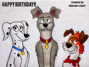 black_nose black_spots blue_collar brown_body brown_ears brown_fur collar countershade_face countershading female feral fur grey_body grey_fur group kerchief male neckerchief neckwear pink_inner_ear red_collar red_kerchief red_neckerchief smile spots toony trio white_body white_fur marcelo_llauri 101_dalmatians disney lady_and_the_tramp oliver_and_company dodger_(disney) perdita tramp_(lady_and_the_tramp) canid canine canis dalmatian domestic_dog hunting_dog jack_russell_terrier mammal terrier absurd_res hi_res traditional_media_(artwork)