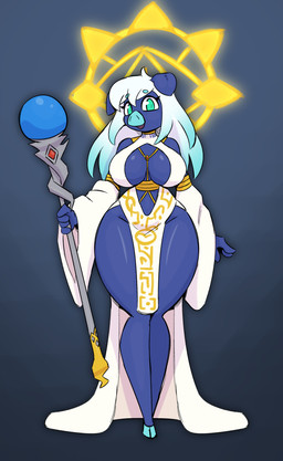 4_fingers anthro big_breasts blue_hooves breasts cleavage_cutout clothed clothing curvy_figure cutout female fingers front_view hair hooves hourglass_figure looking_at_viewer robe skimpy solo staff standing teal_body teal_eyes teal_hair thick_thighs white_clothing white_hair white_robe wide_hips miso_souperstar mammal suid suine sus_(pig) wild_boar 2025 absurd_res hi_res