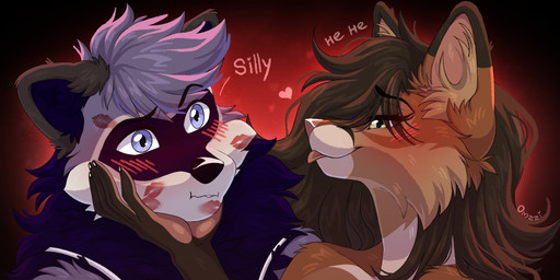 anthro blep blue_eyes blush brown_body brown_eyes brown_hair duo female fluffy grey_body hair hand_on_chin jewelry kissing male male/female necklace text tongue tongue_out omzzimeow nova_(ima_n_ova) omzzi_(omzzimeow) canid canine fox mammal procyonid raccoon 2:1 hi_res