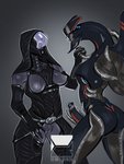 3:4 alien alien_humanoid armor armwear bioware bodily_fluids breasts butt clothed clothing crotchless_clothing daro'xen_vas_moreh demitsorou duo elbow_gloves electronic_arts erection eye_contact female genital_fluids genitals geth gloves handwear headgear helmet hi_res hood humanoid imminent_sex legion_(mass_effect) looking_at_another machine male male/female mass_effect nipples nude partially_clothed penis precum pussy quarian robot unusual_anatomy unusual_genitalia unusual_penis