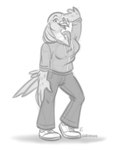 anthro bottomwear breasts clothed clothing denim denim_bottomwear denim_clothing female footwear hoodie jeans looking_at_viewer non-mammal_breasts pants shoes sket smile solo topwear nicnak044 martha_(ferretfyre) avian bird columbid passenger_pigeon pigeon recently_extinct_species digital_media_(artwork) hi_res monochrome sketch