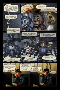 anthro beak bib black_border blue_eyes border button_(fastener) camera_view checkered checkered_floor clothing exposed_endoskeleton floor freckles green_eyes group hair hat headgear headwear inside machine male pushbutton text tile tile_floor top_hat wire working 5-prime five_nights_at_freddy's five_nights_at_freddy's_2 scottgames balloon_boy_(fnaf) jeremy_fitzgerald mangle_(fnaf) phone_guy_(fnaf) toy_bonnie_(fnaf) toy_chica_(fnaf) toy_freddy_(fnaf) withered_bonnie_(fnaf) animatronic avian bear bird canid canine chicken fox galliform human lagomorph leporid mammal phasianid rabbit robot 2:3 comic digital_media_(artwork) english_text hi_res