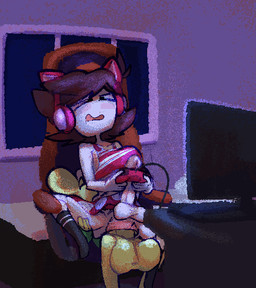 abdominal_bulge anal anal_penetration anal_tugging anthro anthro_penetrating anthro_penetrating_human balls big_balls brown_hair cat_ear_headband clothing computer controller duo electronics erection facial_tuft fur gaming_chair genitals green_clothing green_sweater green_topwear hair headphones holding_object huge_balls human_on_anthro human_penetrated hyper hyper_balls hyper_genitalia interspecies legwear looking_pleasured male male/male male_penetrated male_penetrating male_penetrating_male open_mouth orifice_tugging pattern_clothing penetration penile penile_penetration penis penis_in_ass sex striped_clothing stripes sweater tan_balls tan_penis thigh_highs topwear tuft yellow_balls yellow_body yellow_fur bitwily wily_(bitwily) human lagomorph mammal 2025 absurd_res aliasing digital_media_(artwork) dithering hi_res