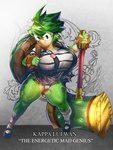 absurd_res amphibian anthro asian_mythology big_breasts breasts buckteeth east_asian_mythology eyewear female glasses green_body green_hair green_skin hair hammer hi_res humanoid japanese_mythology kappa kappa_lui_wan markings multicolored_body mythology nsartist shell short_hair short_stack smile solo spots spotted_body spotted_skin teeth thick_thighs tools turtle_shell two_tone_body yokai
