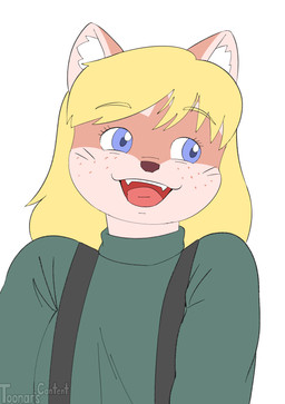 anthro blonde_hair blue_eyes clothing collar freckled_face freckles hair solo suspenders sweater topwear toonarscontent eva_(toonarscontent) mammal procyonid raccoon absurd_res hi_res tagme