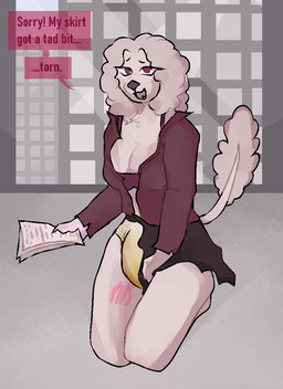 anthro biped bodily_fluids bottomwear bra breasts cleavage clothed clothing collared_shirt dialogue diaper diaper_under_clothing diaper_under_skirt dress_shirt elevator exposed_diaper female fur genital_fluids kneeling looking_at_viewer office office_clothing office_lady purple_eyes raised_tail shirt skirt solo speech_bubble tail talking_to_viewer text topwear torn_bottomwear torn_clothing torn_skirt unbuttoned_shirt unclean_diaper underwear urine used_diaper wearing_diaper wet_diaper white_body white_fur potsnspots princess_(potsnspots) canid canine canis domestic_dog mammal poodle 2023 digital_drawing_(artwork) digital_media_(artwork) english_text story story_at_source story_in_description