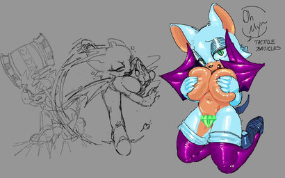 anthro bedroom_eyes big_breasts breast_squish breasts covering covering_self dialogue duo female hand_on_breast kneeling looking_at_viewer narrowed_eyes navel seductive squish thick_thighs wide_hips brialzebubbie sega sonic_the_hedgehog_(series) amy_rose rouge_the_bat bat eulipotyphlan hedgehog mammal