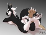 2020 4:3 4_toes anthro big_breasts black_body black_fur black_pawpads black_tongue blep blue_eyes breasts claws digital_media_(artwork) dragon feet female fur furred_dragon furred_scalie gradient_background hi_res looking_at_viewer looking_back looking_back_at_viewer multicolored_body multicolored_fur multicolored_pawpads mythological_creature mythological_scalie mythology pawpads pink_pawpads sakyubasu scalie shadow simple_background smile solo sonsasu spots spotted_pawpads tail thash toe_claws toes tongue tongue_out two_tone_body two_tone_fur two_tone_pawpads white_body white_claws white_fur