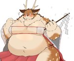 anthro belly blush clothed clothing embarrassed fluffy_chest fur horn male markings moobs navel nipples overweight overweight_male skimpy solo spots spotted_body spotted_fur thick_thighs dragon_night800 tamacolle kazusa deer mammal hi_res