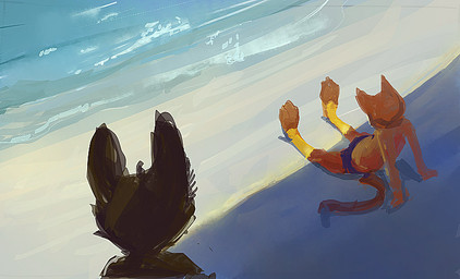 anthro beach black_body black_fur bottomwear clothed clothing fur male male_anthro outside purple_bottomwear purple_clothing sitting solo topless water yellow_body yellow_fur oselotti digital_media_(artwork) digital_painting_(artwork) painting_(artwork) sketch