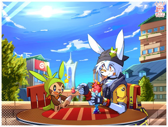 5_fingers adhesive_bandage anthro bag beanie blue_sky chair city city_background clothing cutlery dessert detailed_background duo fingers food furniture hat headgear headwear holding_object ice_cream kitchen_utensils male male/male on_chair sitting sitting_on_chair sky spoon star sun tongue tongue_out tools axy_usagi nintendo pokemon axy_(axy_usagi) chespin generation_6_pokemon lagomorph leporid mammal pokemon_(species) rabbit watermark