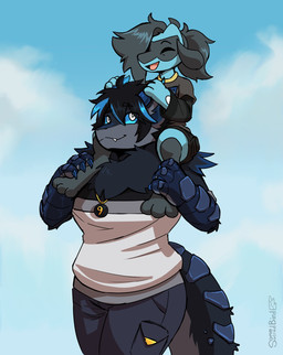 2_horns accessory anthro avian_arms biped black_body black_fur black_hair blue_body blue_claws blue_fur blue_highlights blue_horn blue_sclera bottomwear cargo_shorts carrying_another chest_tuft claws clothed clothing cloud duo eyebrow_through_hair eyebrows eyes_closed female finger_claws fingers floppy_ears front_view fully_clothed fur gold_(metal) gold_jewelry hair hair_accessory hair_tie hand_on_another's_foot hand_on_another's_horn highlights_(coloring) horn jewelry long_sleeve_shirt looking_at_another looking_up_at_another male membrane_(anatomy) mouth_closed necklace open_mouth outdoor_background outside piggyback scuted_arms scuted_hands scutes shirt shorts sitting_on_shoulders smile snaggle_tooth snout t-shirt tail text tied_hair topwear translucent translucent_hair tuft webbed_hands white_eyes somesacredbird mythology nintendo pokemon fan_character galuade_(galuade) riolu_(somesacredbird) dragon furred_dragon furred_scalie generation_4_pokemon mythological_creature mythological_scalie pokemon_(species) riolu scalie 2025 artist_name digital_drawing_(artwork) digital_media_(artwork) english_description hi_res shaded nonbinary_(lore)